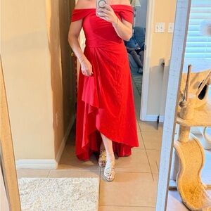 Off-Shoulder Red High-Low Evening Dress